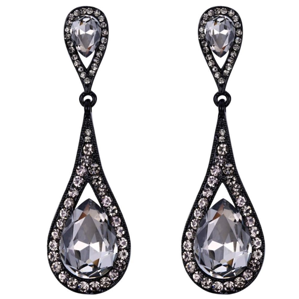 Carbon Black with Light Charcoal Gray Austrian Crystal Dual Teardrop Earrings
